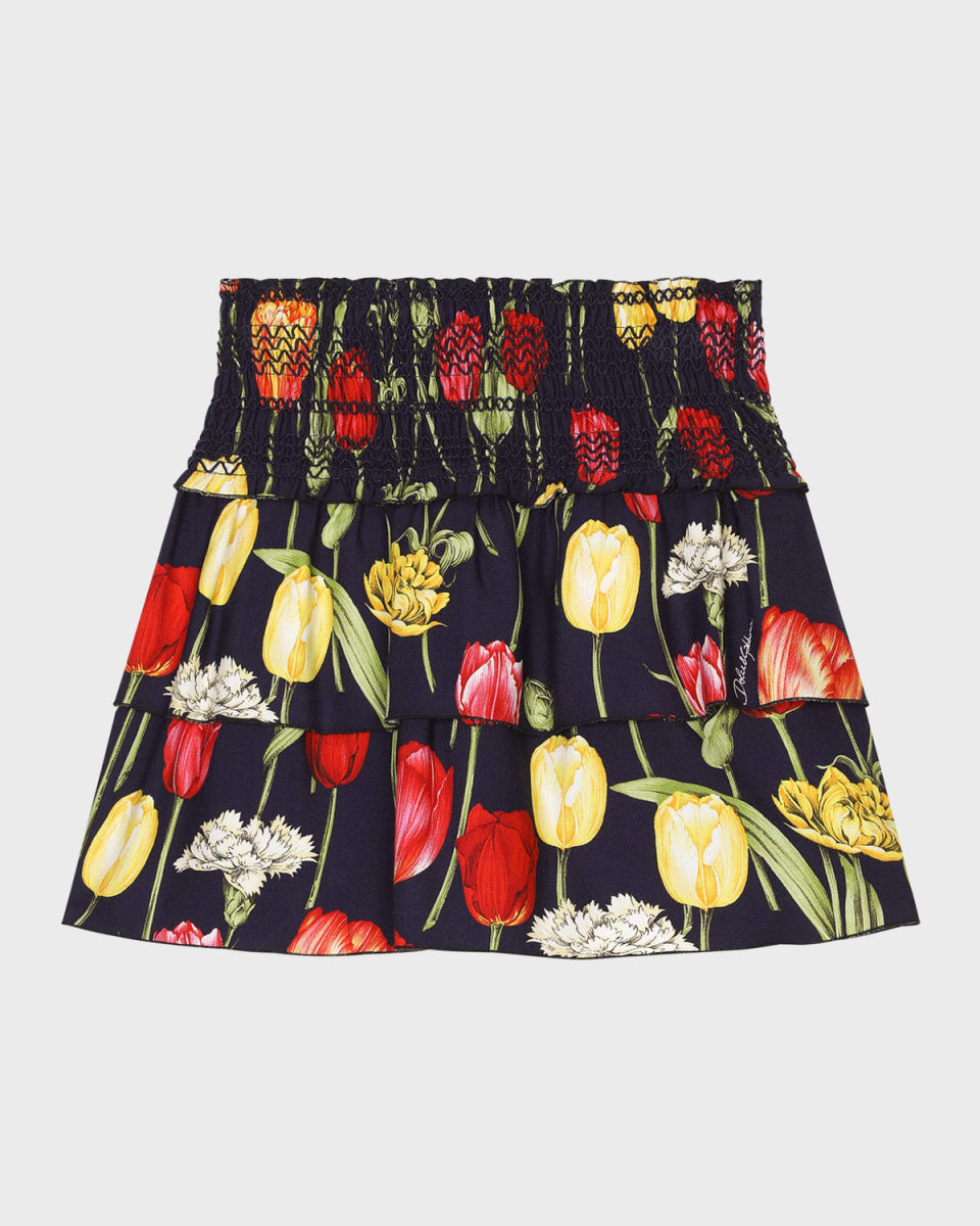 Girl's Tulip-Print Smocked Skirt, Size 4-6