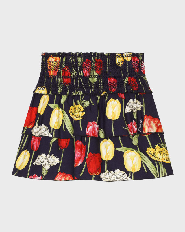 Girl's Tulip-Print Smocked Skirt, Size 4-6