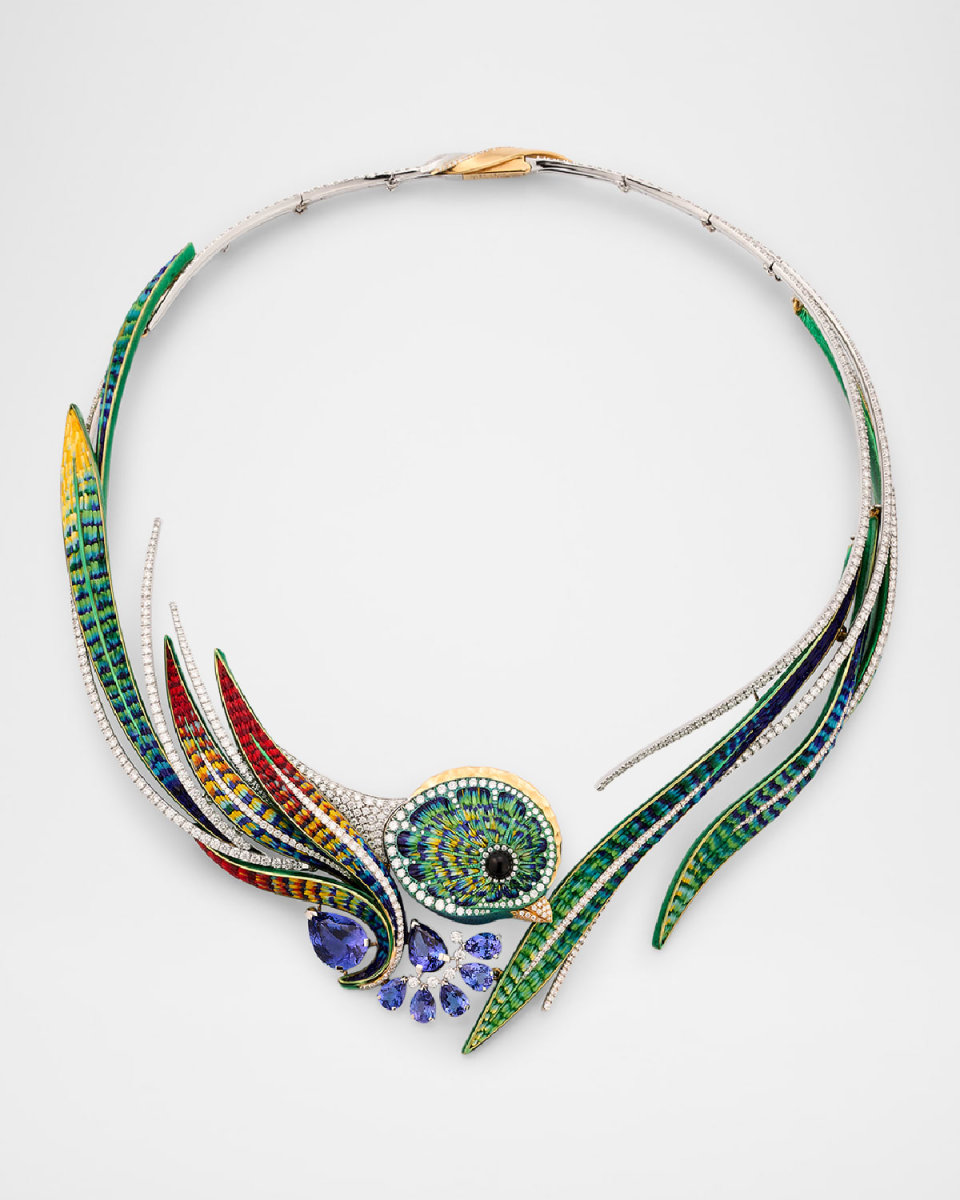 Sicis Jewels Quetzal Micro Mosaic Art Necklace with Tanzanite, Onyx and Diamonds