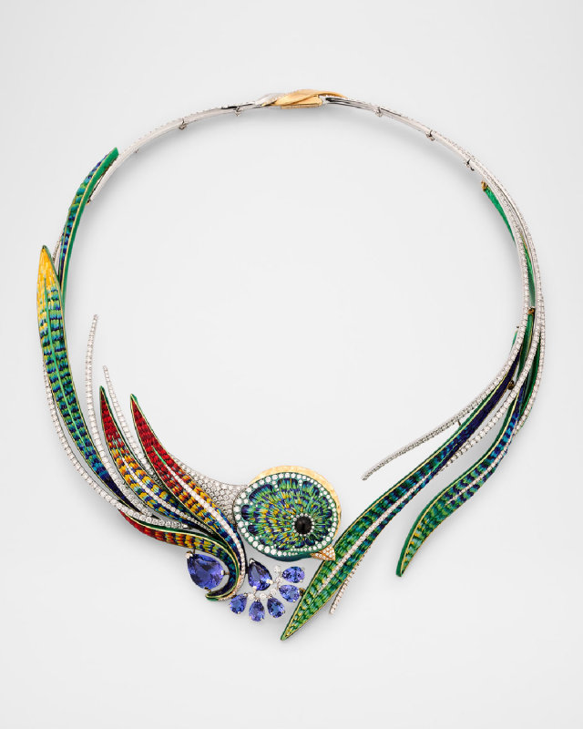 Sicis Jewels Quetzal Micro Mosaic Art Necklace with Tanzanite, Onyx and Diamonds