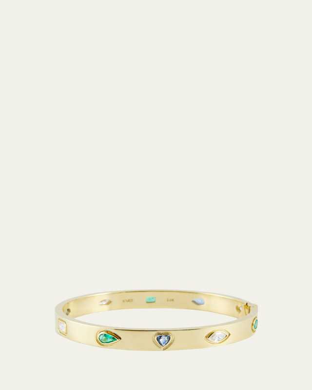 18k Gold Oval Bangle With Blue Sapphires, Emeralds, and Diamonds