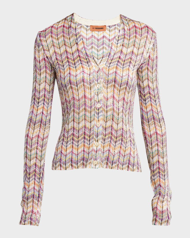 Chevron Paillette Knit V-Neck Buttoned Cardigan