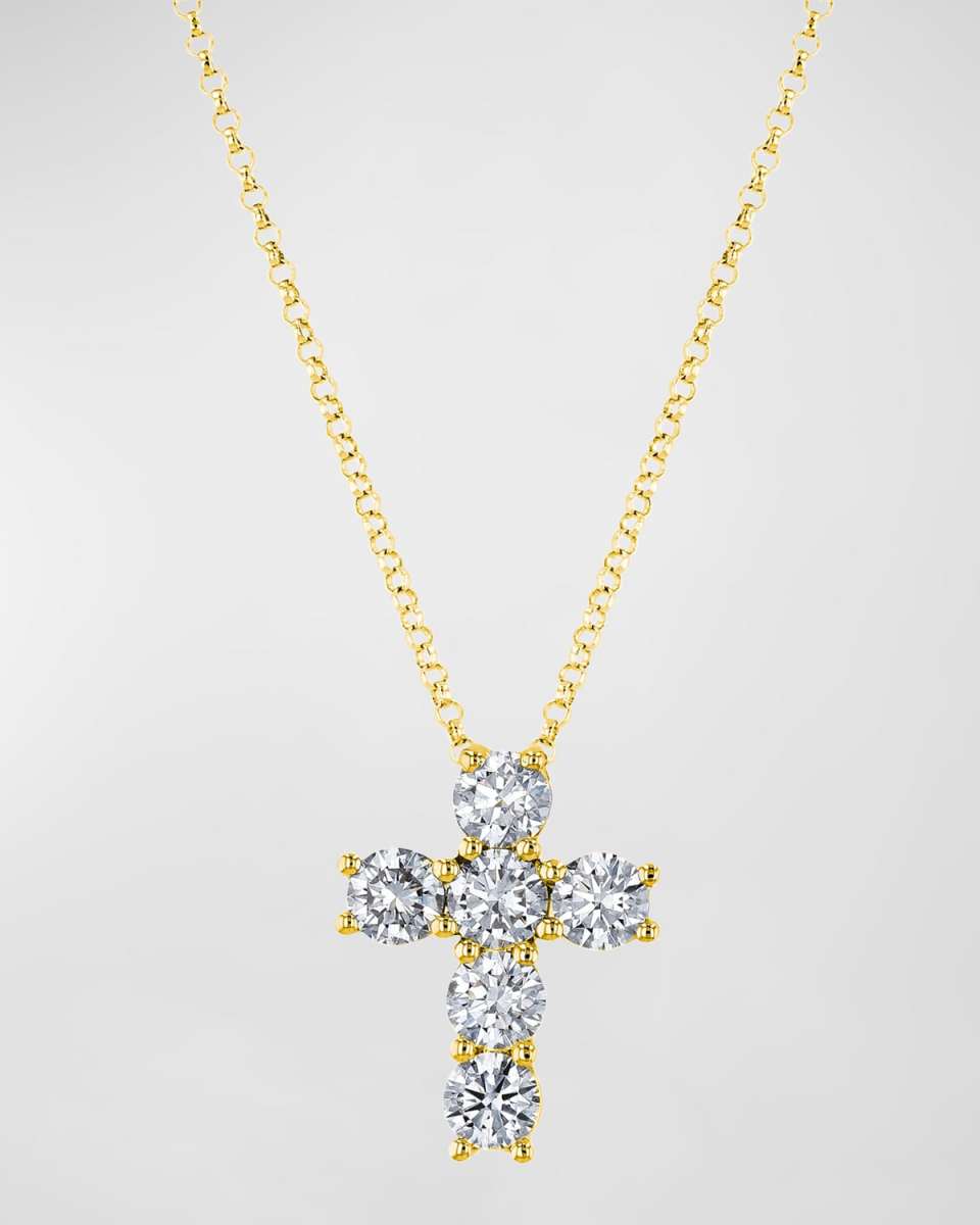 18K Gold 6-Stone Shared Prong Round Diamond Cross Necklace, 1.50tcw, 16"L