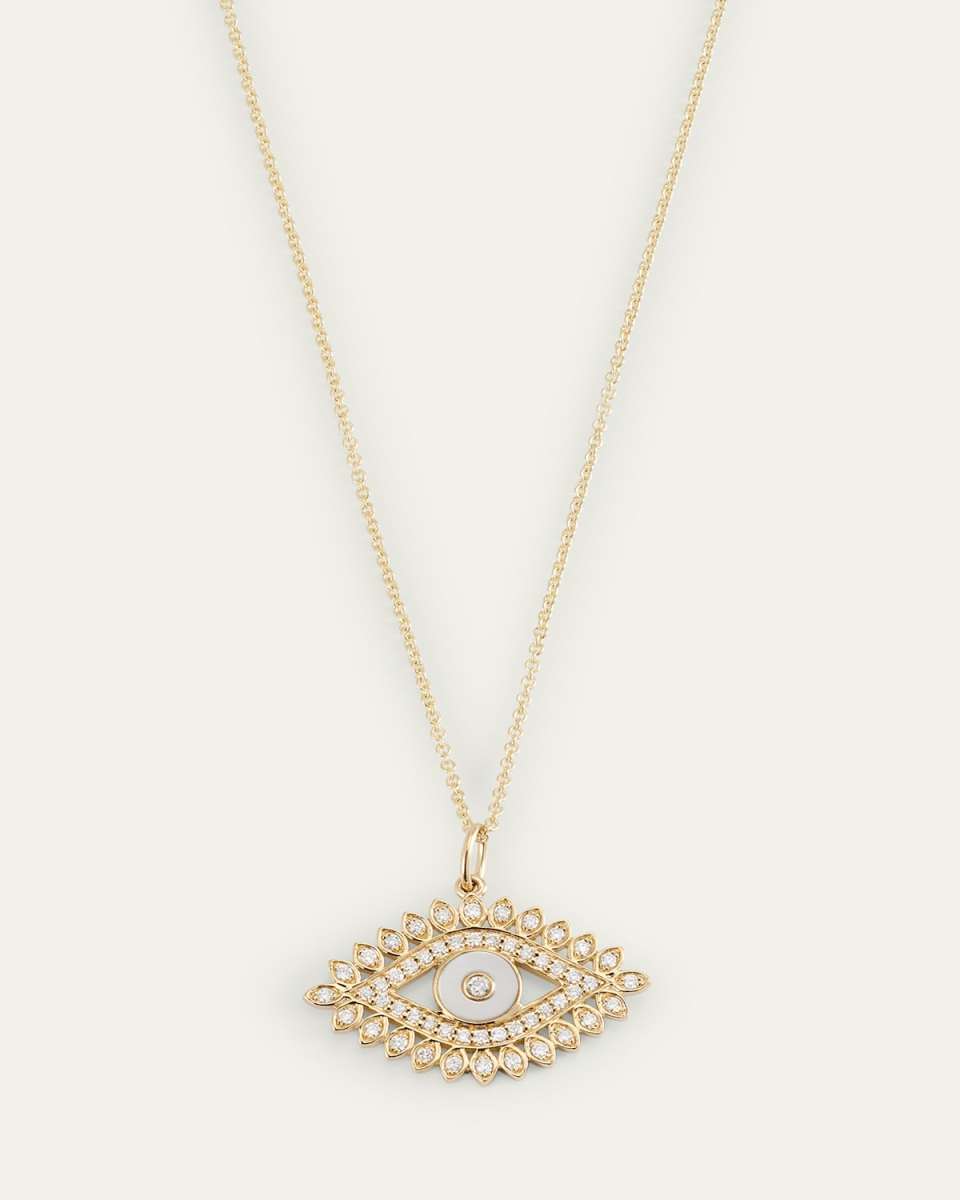 14K Yellow Gold Evil Eye Marquise Border with Stone Inlay Charm Necklace