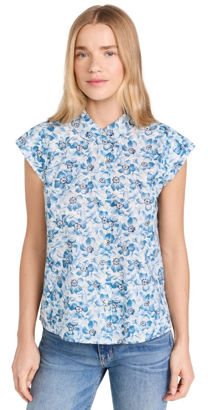 THE GREAT. The Wren Top Light Sky Pressed Floral Print