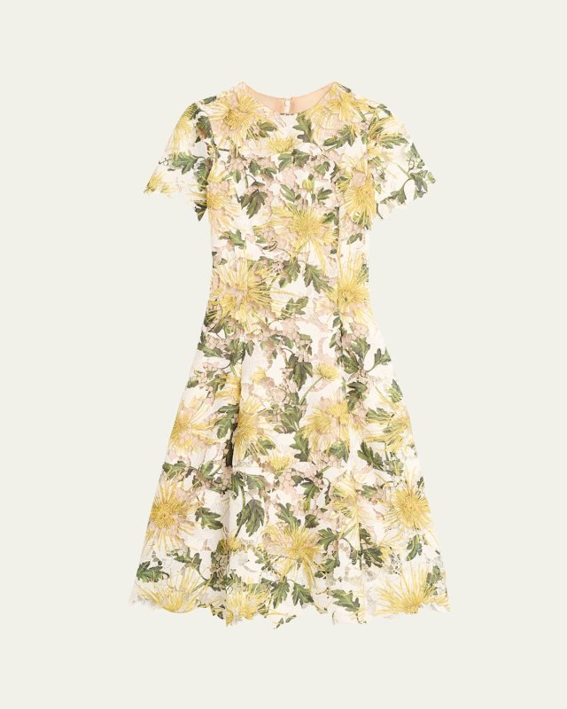 Chrysanthemum Printed Guipure Midi Dress
