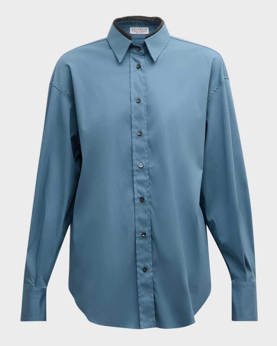 Poplin Stretch Button Down Monili Trim Top