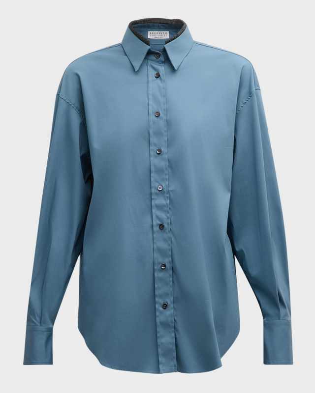 Poplin Stretch Button Down Monili Trim Top