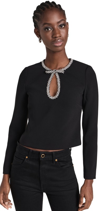 Self Portrait Black Crepe Diamante Top Black