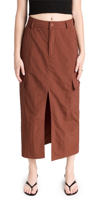 Moon River Front Slit Midi Skirt Brown