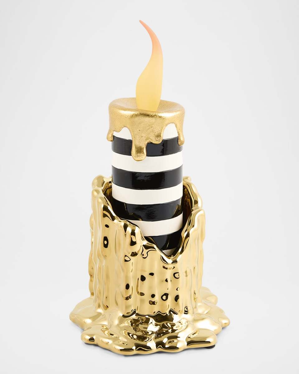 Haunted House Gold Candle Holder and Illuminated Stripe Candle Set, 11"T