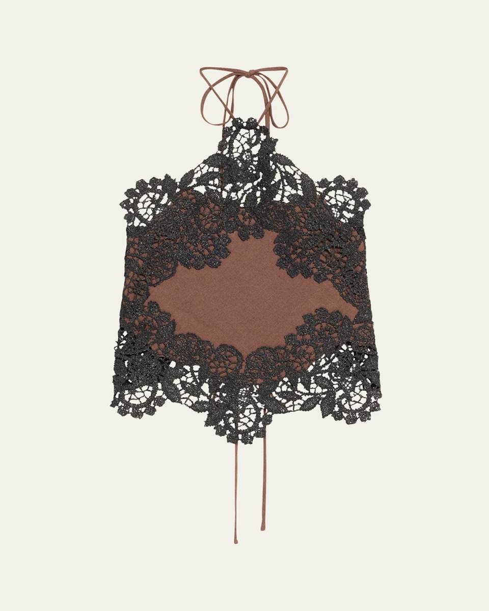 Halter Floral Lace Trim Linen Top
