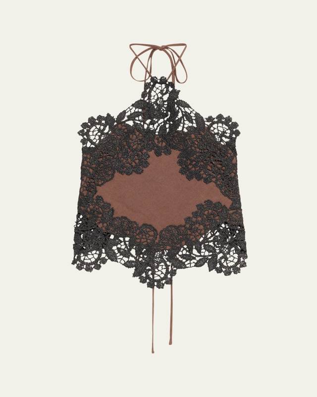 Halter Floral Lace Trim Linen Top