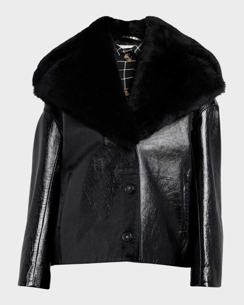 Leather Short Jacket with Shearling Shawl Collar