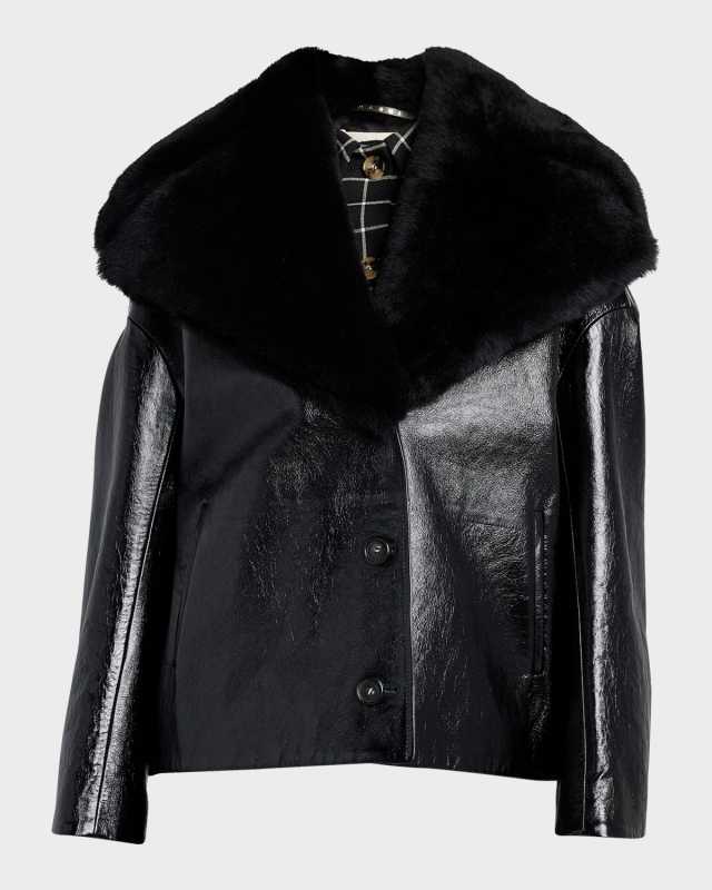 Leather Short Jacket with Shearling Shawl Collar