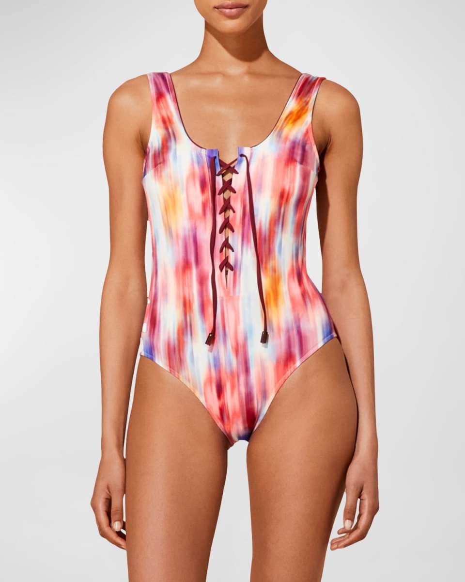 Ikat Flowers Lace-Up One-Piece Swimsuit