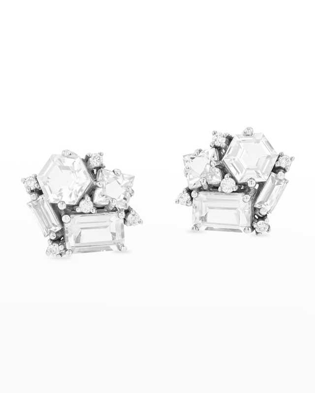 14K White Gold Post Earrings, White Topaz