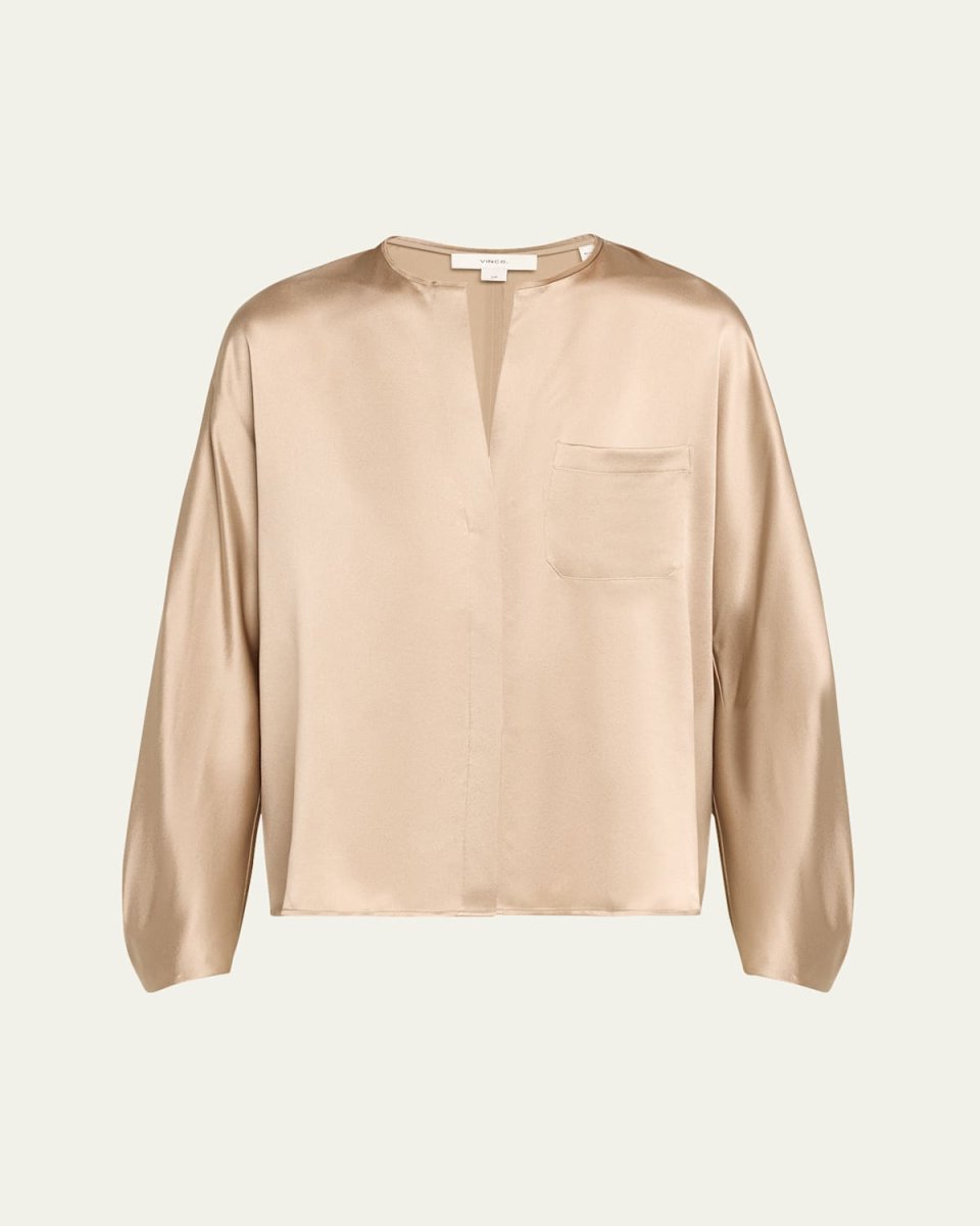 Raw-Edge Button-Front Silk Blous