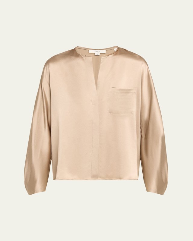 Raw-Edge Button-Front Silk Blous