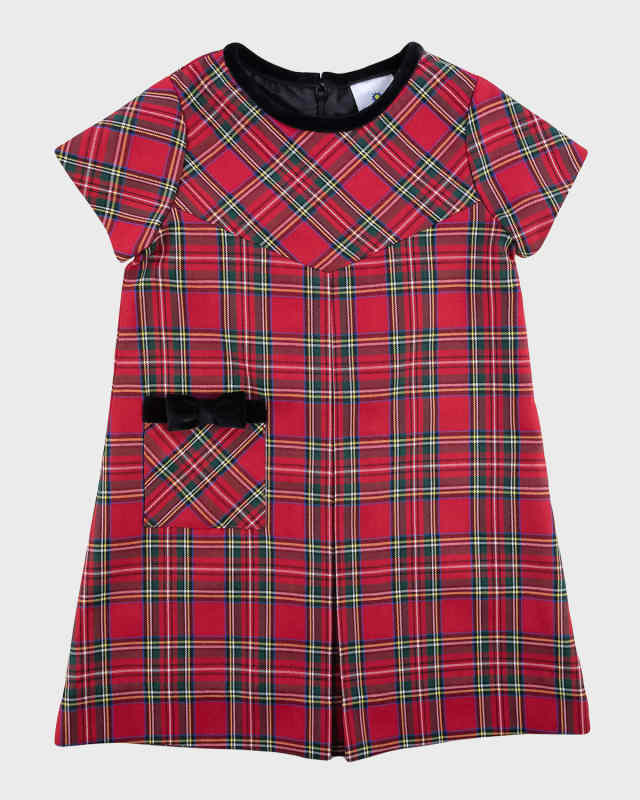 Girl's Tartan Plaid Dress W/ Velvet Button, Size 4-