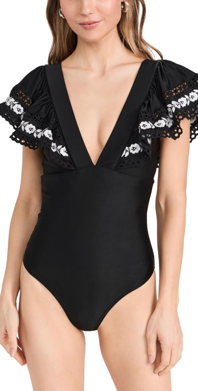 Sea Katya Embroidered One Piece Swimsuit with Ruffles Black