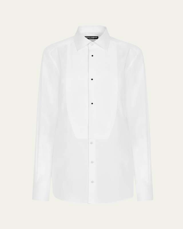 Popeline Button-Front Shirt with Pleated Bib