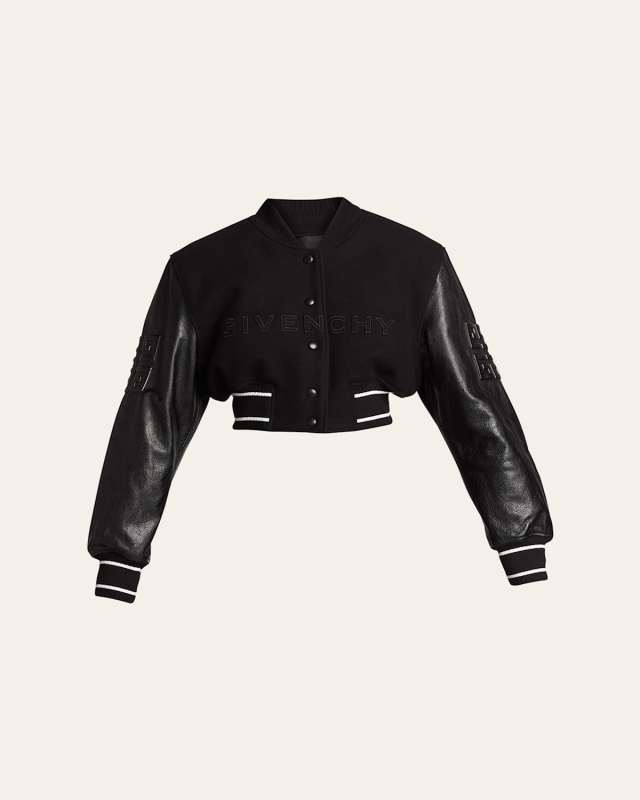Mixed-Media Logo-Embroidered Crop Bomber Jacket