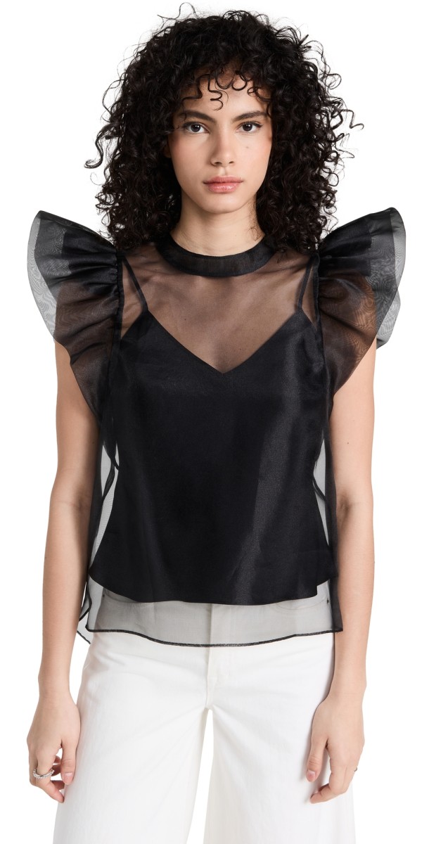 SIMKHAI Corina Organza Ruffle Sleeve Crew Neck Top Ivory