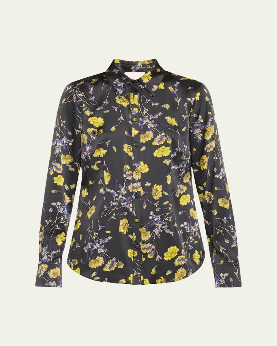 Falling Poppies Petra Stretch Silk Button-Front Top