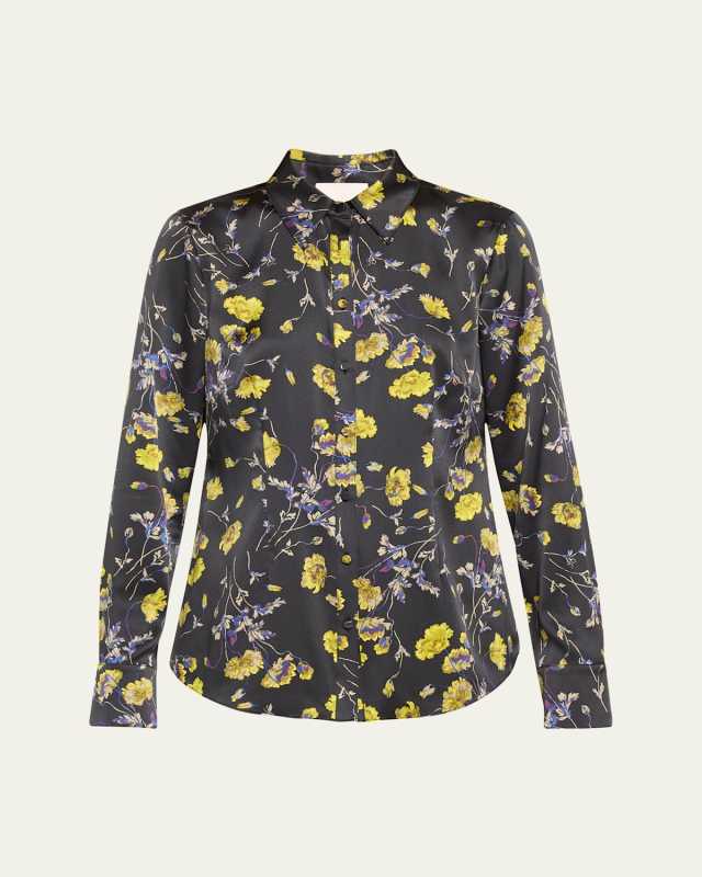 Falling Poppies Petra Stretch Silk Button-Front Top