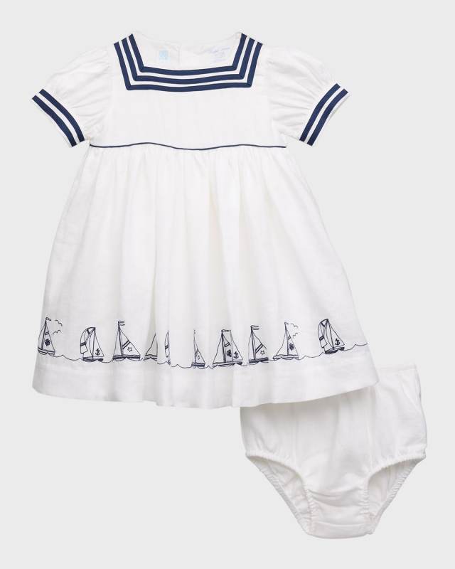 Girl's Sailor Inspired Linen Dress W/ Bloomers, Size 9M-24