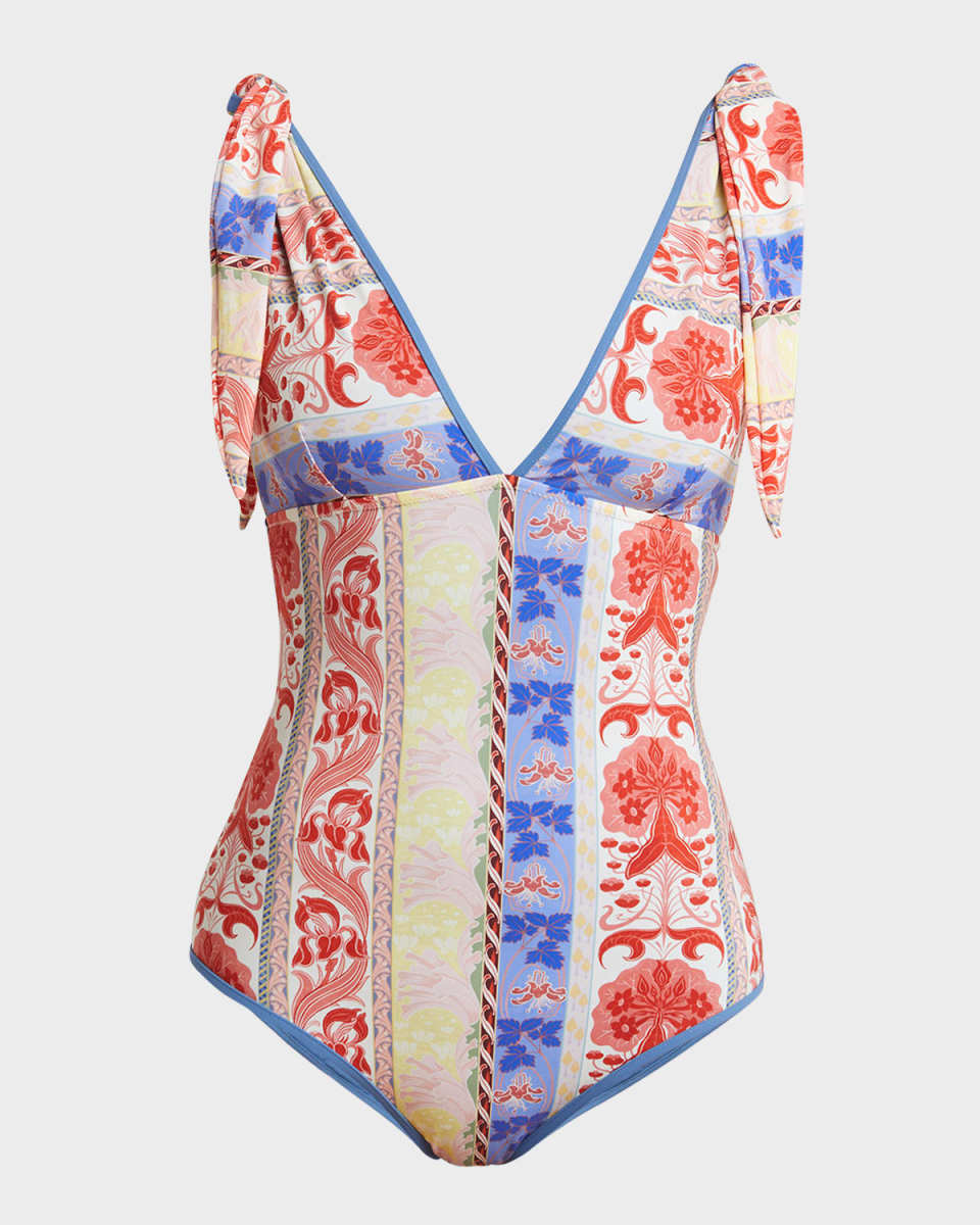 Printed Tie-Shoulder One-Piece Swimsuit