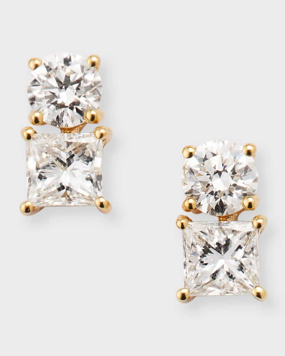 18K Yellow Gold Asscher and Dot Diamond Earrings