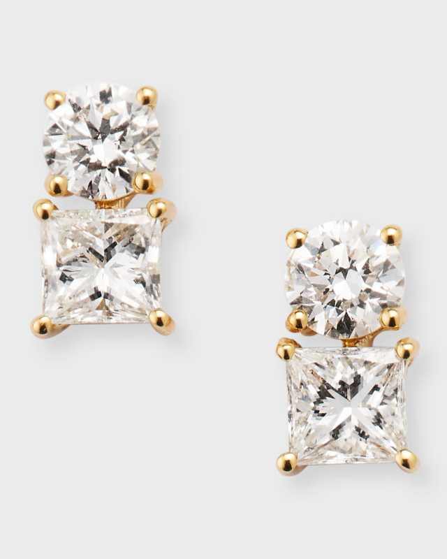 18K Yellow Gold Asscher and Dot Diamond Earrings