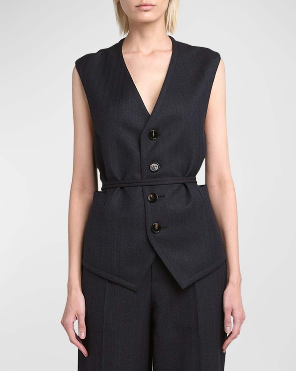 Subtle Striped Wool Gilet with Tie Waist
