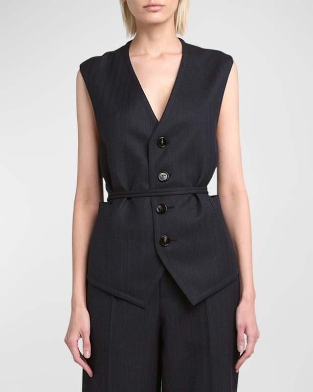 Subtle Striped Wool Gilet with Tie Waist
