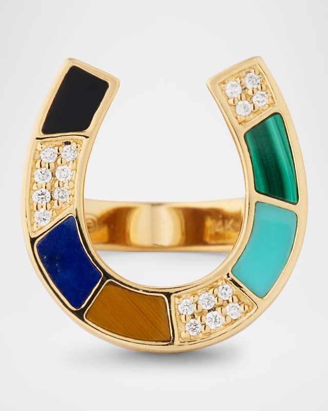 14K Yellow Gold Mosaic Horshoe Signet Ring with Diamonds