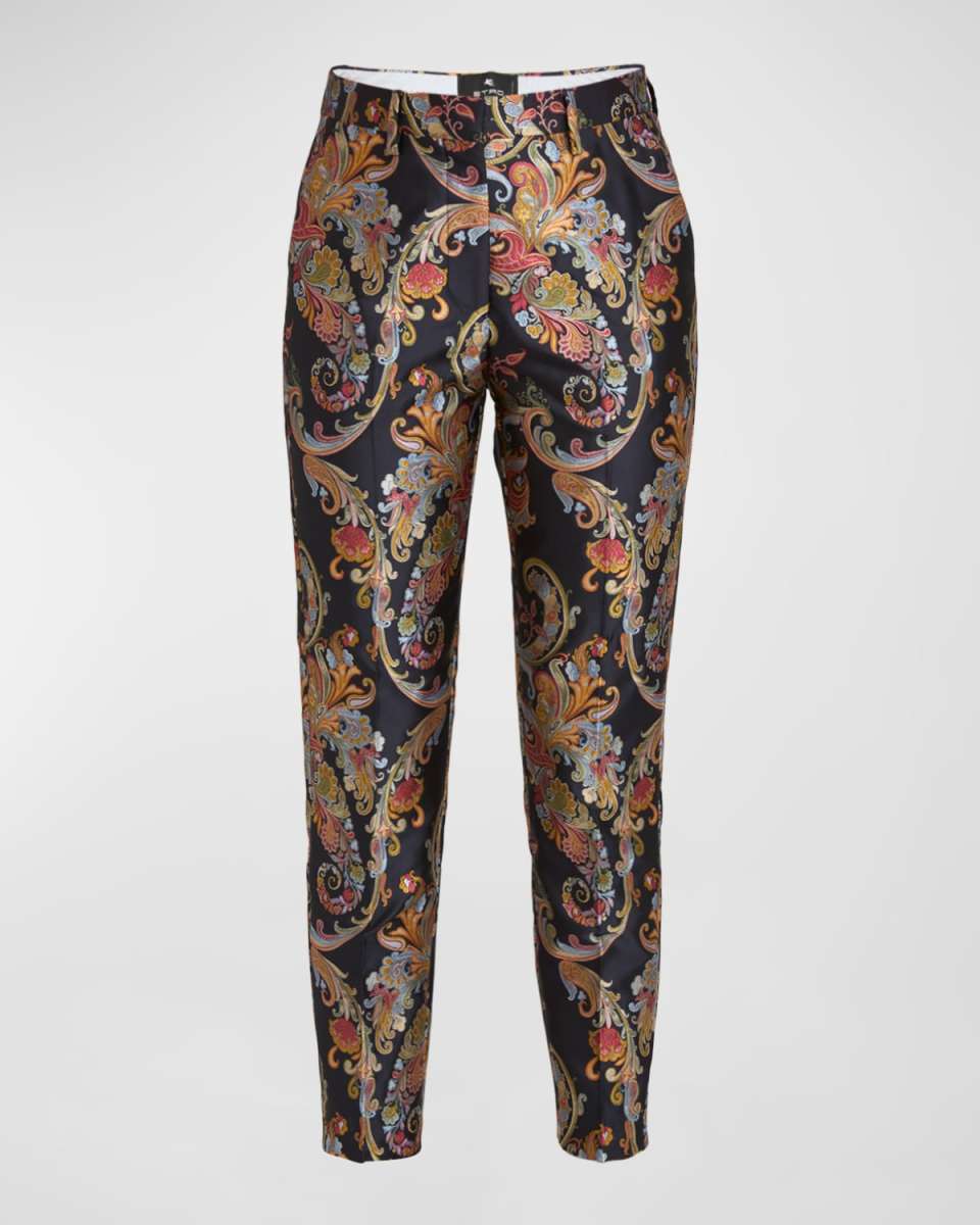 Floral Brocade Slim-Leg Ankle Pants