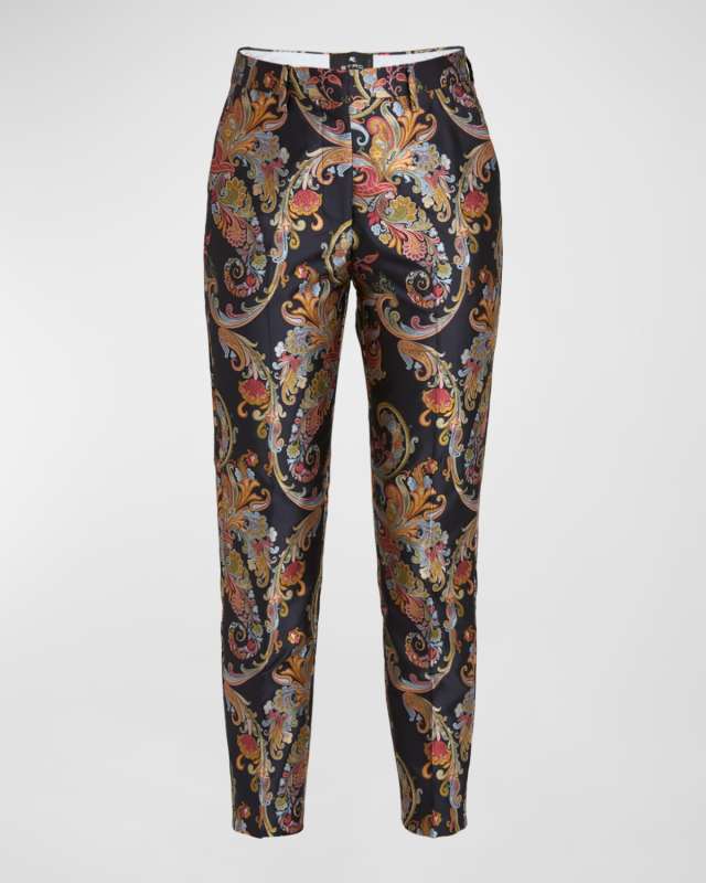 Floral Brocade Slim-Leg Ankle Pants