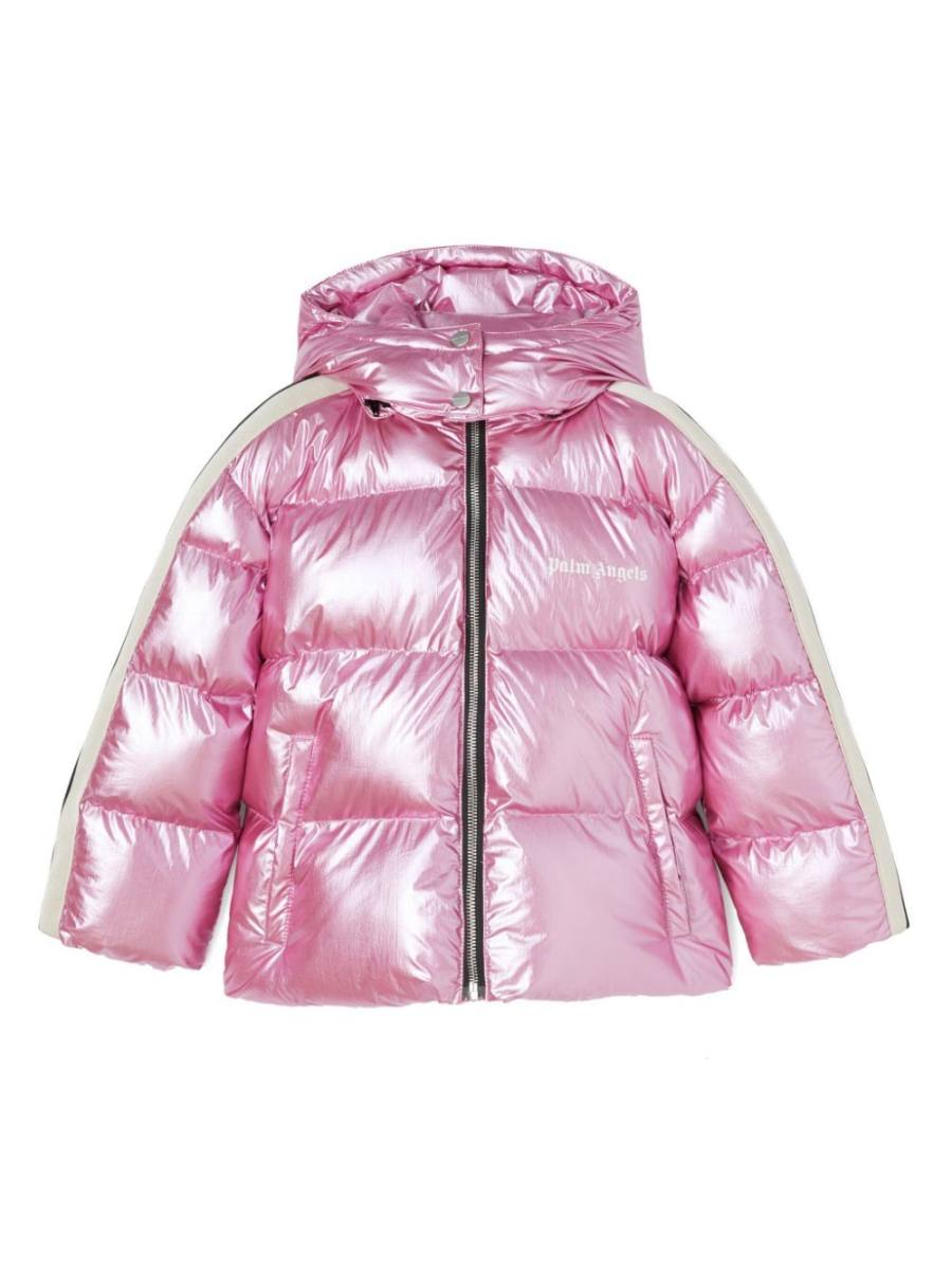 metallic hooded puffer jacket