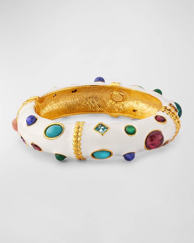 White Enamel and Multi Gem Bangle Bracelet