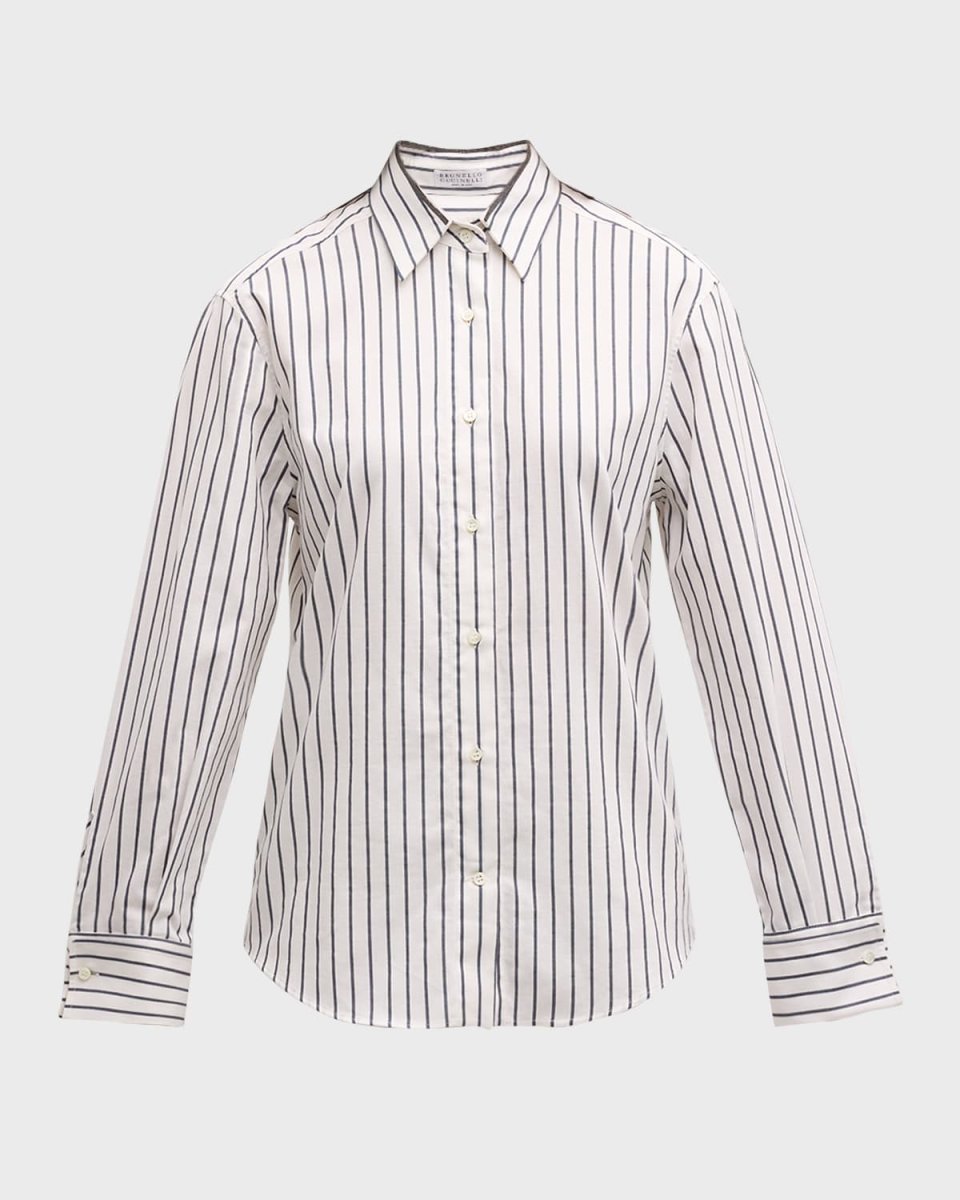 Monili Collar Cotton Twill Striped Blouse