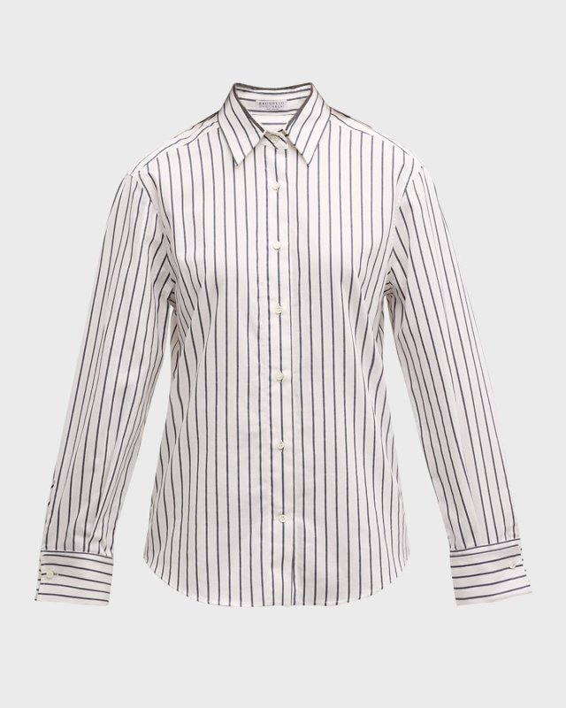 Monili Collar Cotton Twill Striped Blouse