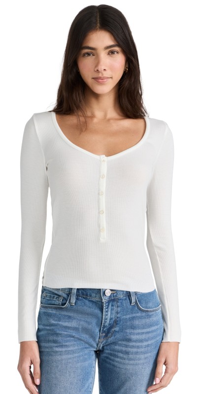 FRAME Long Sleeve Scoop Neck Henley White