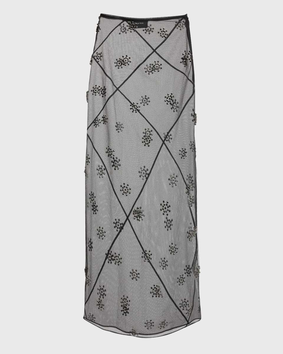 Sheer Spiral Midi Skirt with Beaded Embellishments