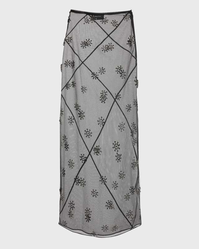 Sheer Spiral Midi Skirt with Beaded Embellishments