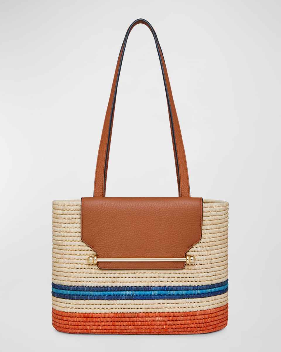 Striped Basket Raffia & Leather Tote Bag