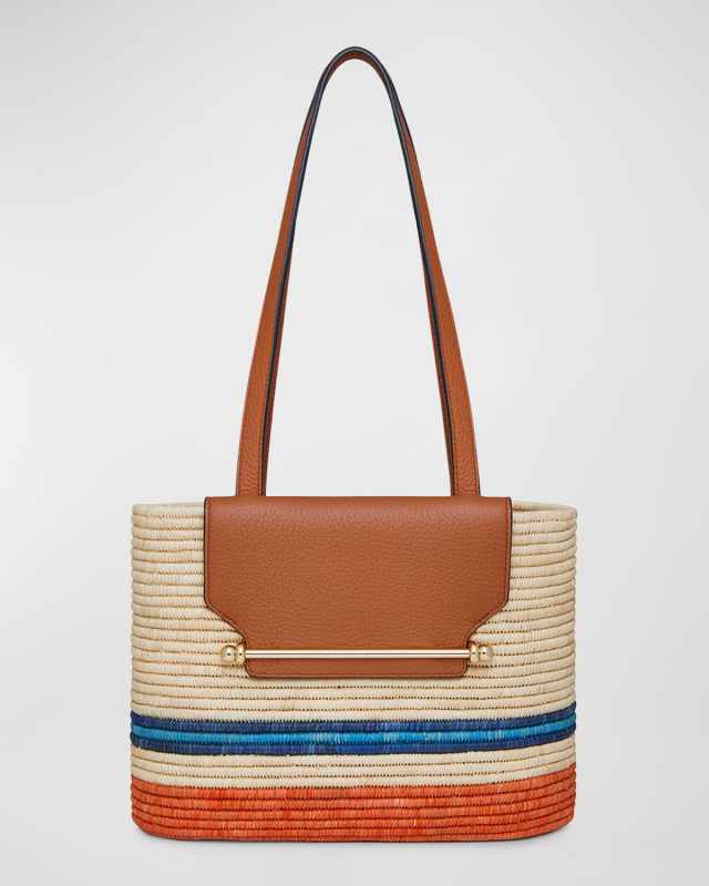 Striped Basket Raffia & Leather Tote Bag