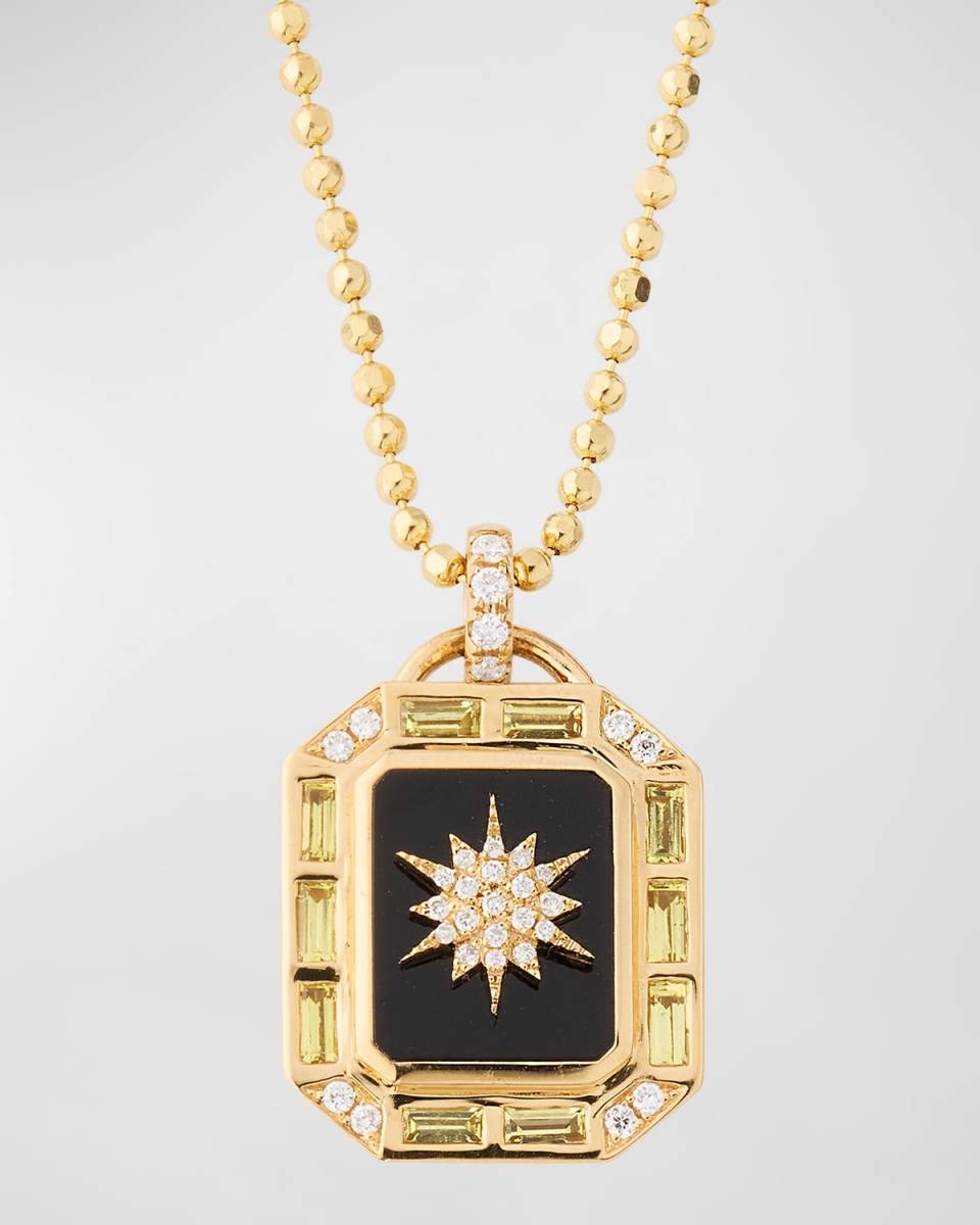 18K Yellow Gold Ball Chain Necklace with Black Onyx, Yellow Sapphires and GH/SI Diamonds, 22x14mm.