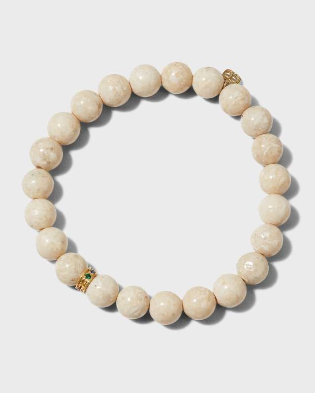 8mm Cream Jasper Bead Bracelet with 14k Gold Rainbow Rondelle